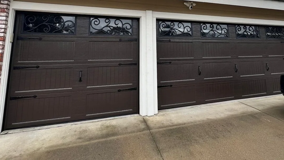 Pair of brown carriage-house garage doors on a two-car garage in Ontario, CA