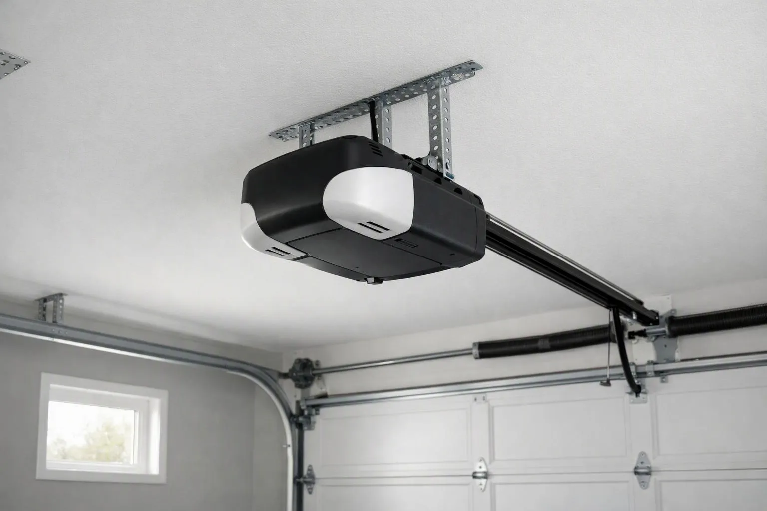 Ceiling-mounted garage door opener in a San Bernardino County garage